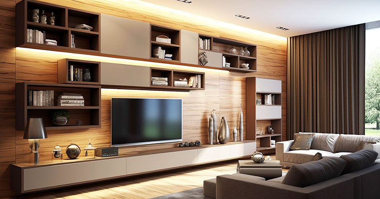 Classic Wall-Mounted Dark Wood and Open Storage TV Unit Design