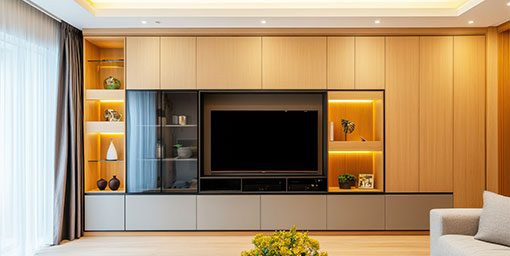Classic Wall-Mounted Dark Wood and Open Storage TV Unit Design
