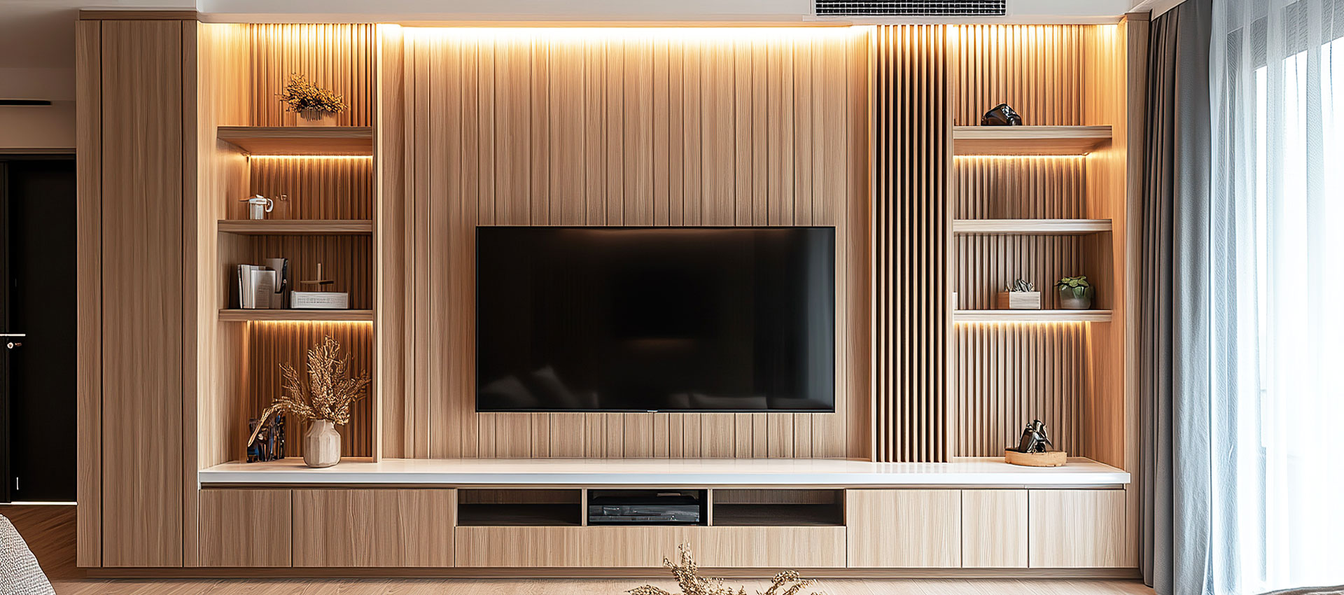 Classic Wall-Mounted Dark Wood and Open Storage TV Unit Design