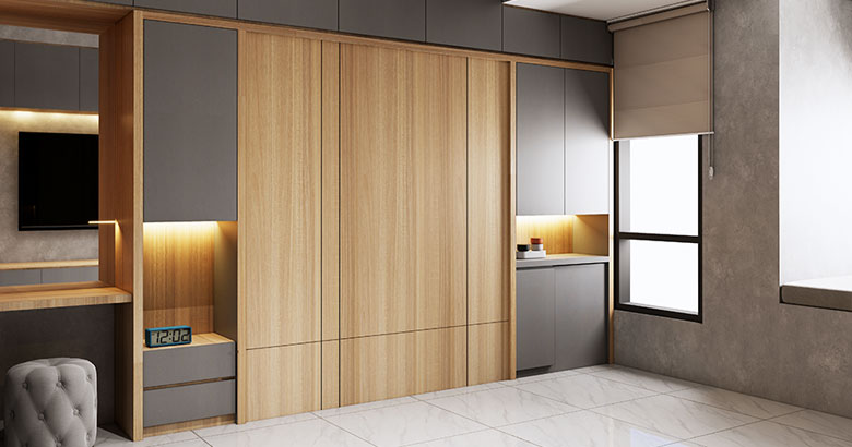 4-Door Contemporary Swing Wardrobe Design with Gloss-Wood Finish and Overhead Storage