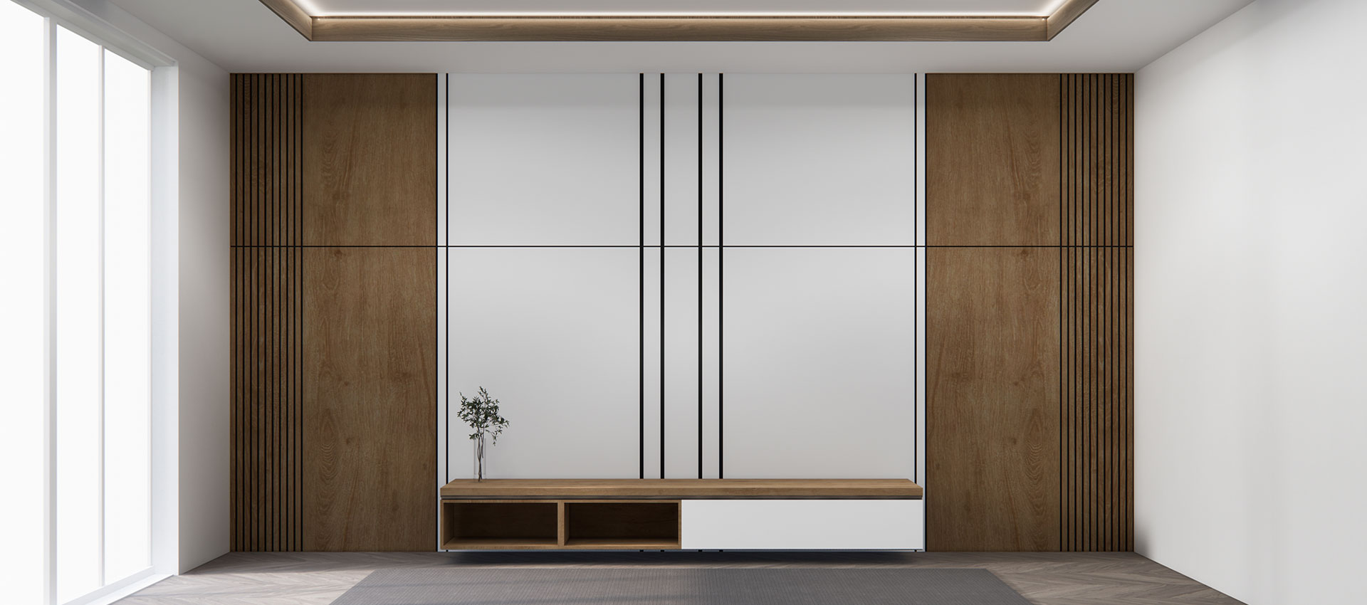 4-Door Contemporary Swing Wardrobe Design with Gloss-Wood Finish and Overhead Storage