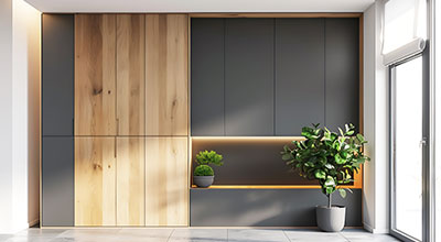 4-Door Contemporary Swing Wardrobe Design with Gloss-Wood Finish and Overhead Storage