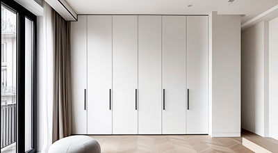 4-Door Contemporary Swing Wardrobe Design with Gloss-Wood Finish and Overhead Storage