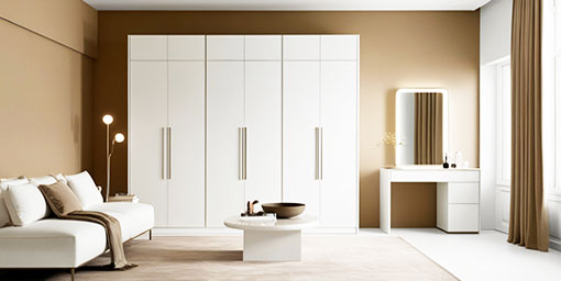 4-Door Contemporary Swing Wardrobe Design with Gloss-Wood Finish and Overhead Storage