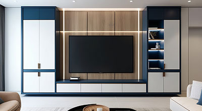 Contemporary TV Unit Design with Open and Close Storage with Blue Backsplash Wall
