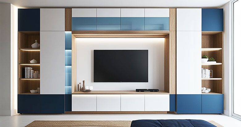 Contemporary TV Unit Design with Open and Close Storage with Blue Backsplash Wall
