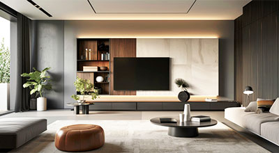 Contemporary TV Unit Design with Open and Close Storage with Blue Backsplash Wall