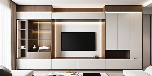 Contemporary TV Unit Design with Open and Close Storage with Blue Backsplash Wall