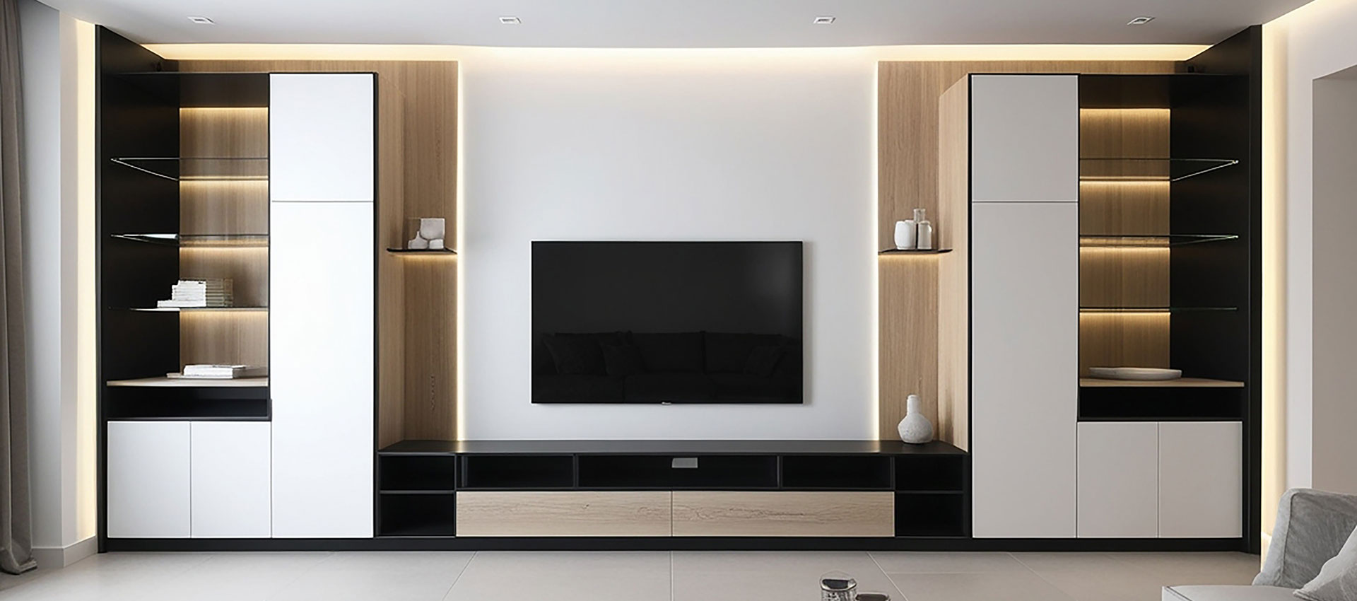 Contemporary TV Unit Design with Open and Close Storage with Blue Backsplash Wall