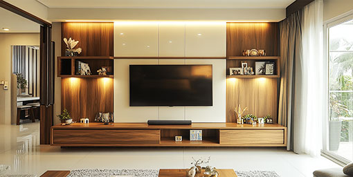 Modern Glossy TV Unit Design With Drawers and Open Shelves