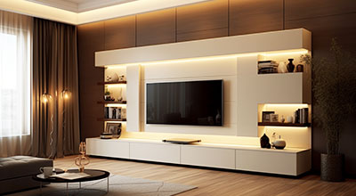 Modern Glossy TV Unit Design With Drawers and Open Shelves