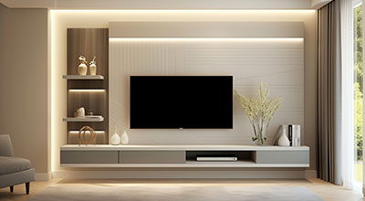 Modern Glossy TV Unit Design With Drawers and Open Shelves