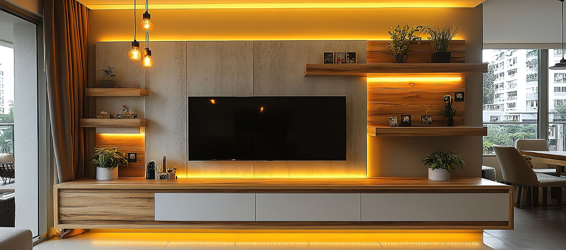 Modern Glossy TV Unit Design With Drawers and Open Shelves