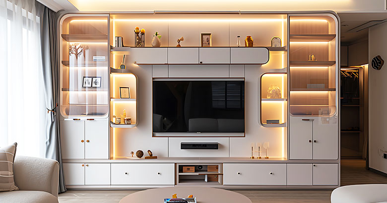 Modern Glossy TV Unit Design With Drawers and Open Shelves