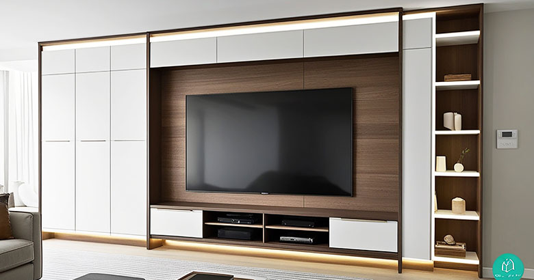 Walnut Contemporary TV Unit Design with Suede Finish and Back Fluted Panel