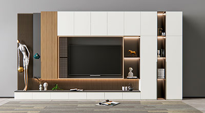 Walnut Contemporary TV Unit Design with Suede Finish and Back Fluted Panel