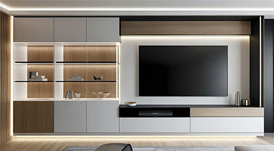Walnut Contemporary TV Unit Design with Suede Finish and Back Fluted Panel