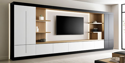 Walnut Contemporary TV Unit Design with Suede Finish and Back Fluted Panel