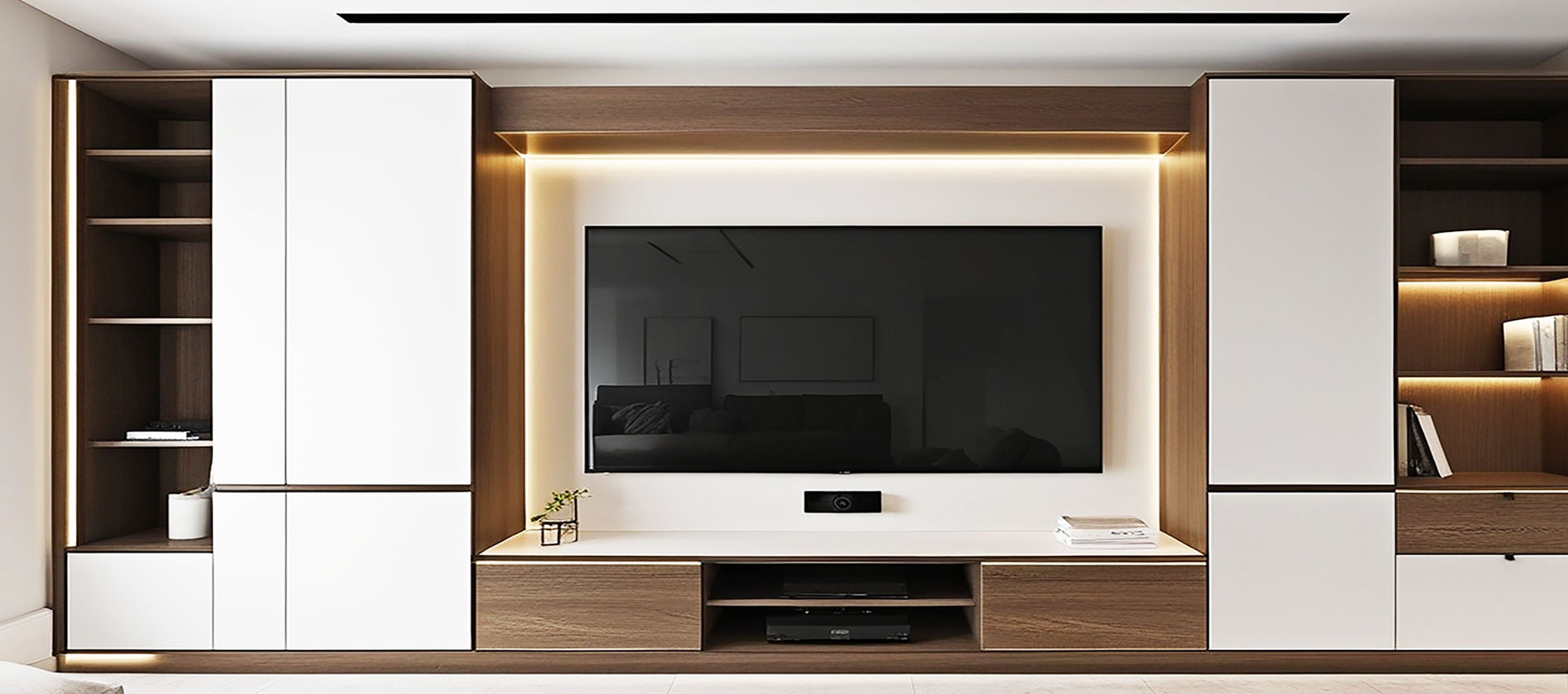 Walnut Contemporary TV Unit Design with Suede Finish and Back Fluted Panel