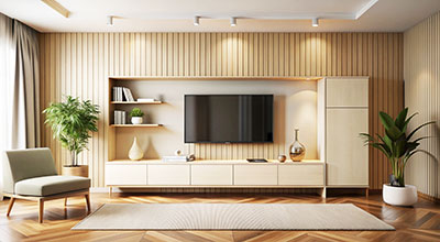 Minimal TV Unit Design With Integrated Storage Panels and Drawers