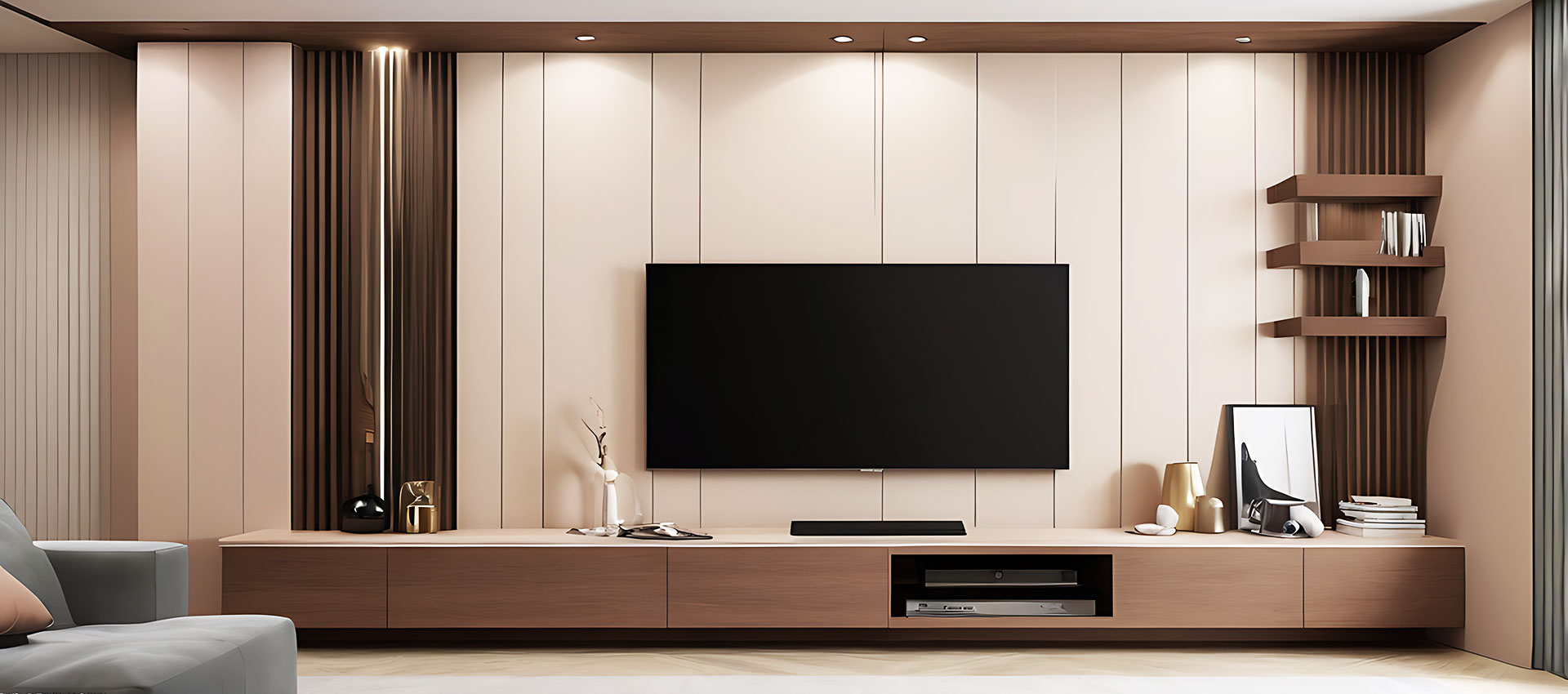 Minimal TV Unit Design With Integrated Storage Panels and Drawers