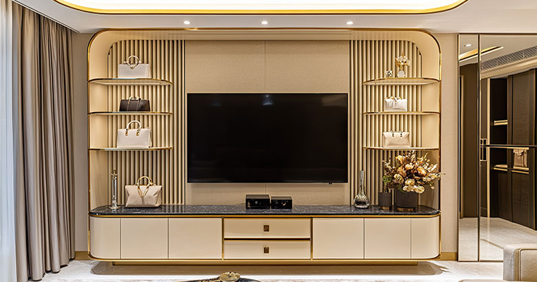 Minimal TV Unit Design With Integrated Storage Panels and Drawers