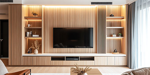 Minimal TV Unit Design With Integrated Storage Panels and Drawers