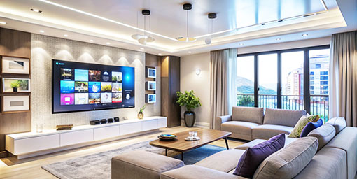 Contemporary TV Unit Design with Backlit Shelf and Floating Cabinets