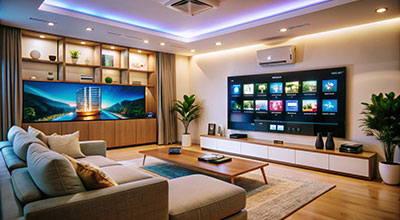 Contemporary TV Unit Design with Backlit Shelf and Floating Cabinets