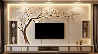 Contemporary TV Unit Design with Backlit Shelf and Floating Cabinets