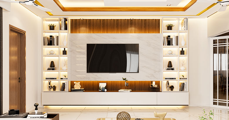 Contemporary TV Unit Design with Backlit Shelf and Floating Cabinets