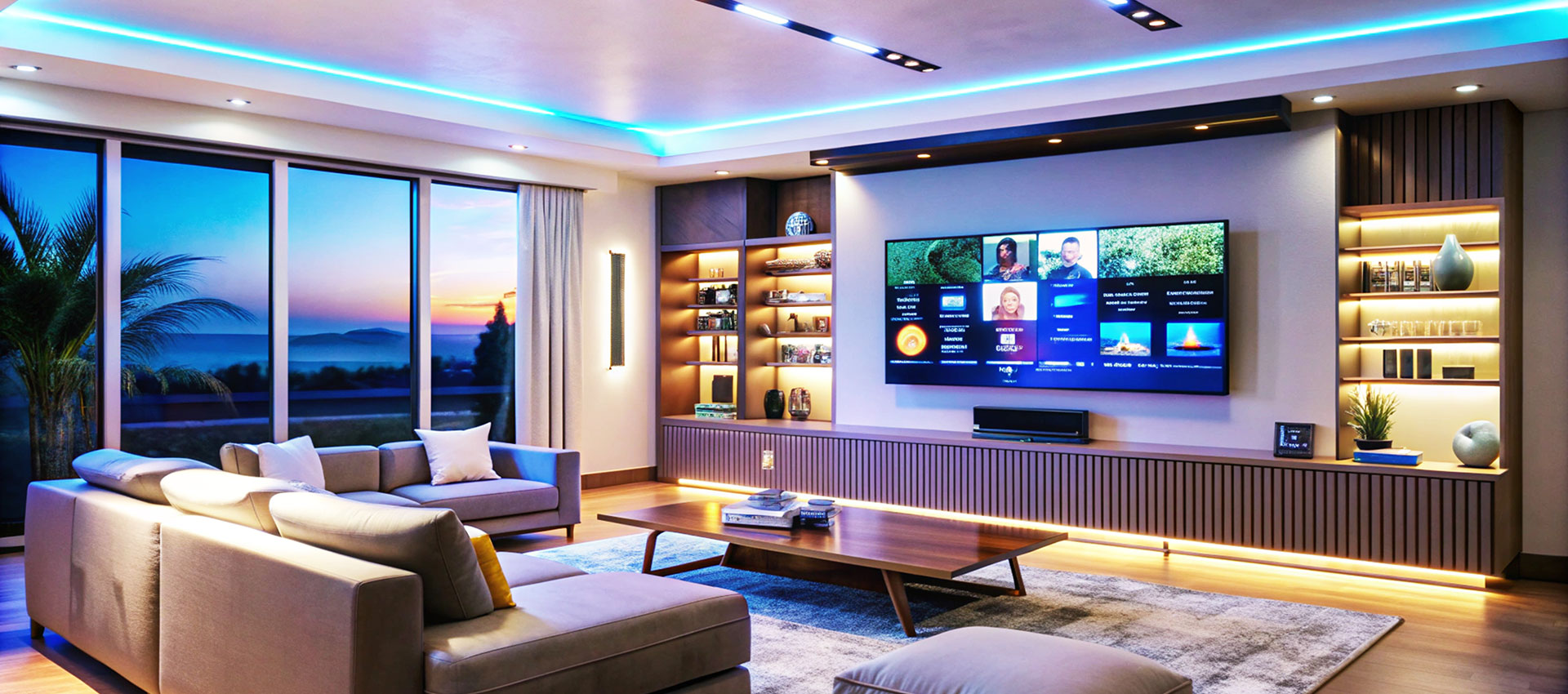 Contemporary TV Unit Design with Backlit Shelf and Floating Cabinets