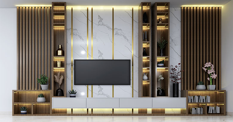 Modern White TV Unit Design With Fluted Panel and Backdrop Lighting