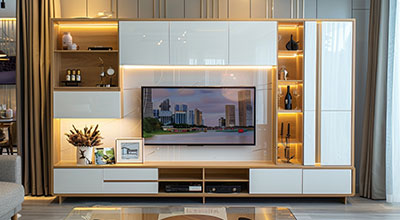 Modern White TV Unit Design With Fluted Panel and Backdrop Lighting