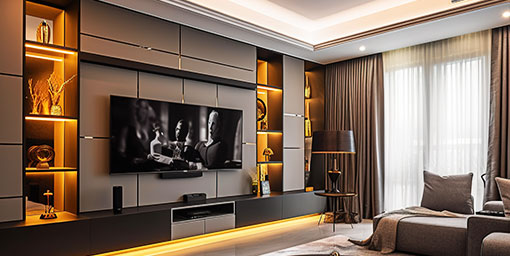 Modern White TV Unit Design With Fluted Panel and Backdrop Lighting