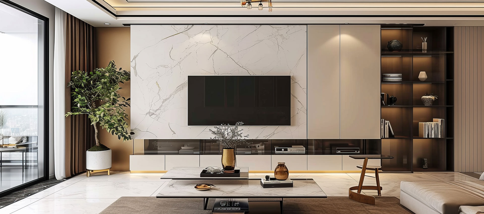 Modern White TV Unit Design With Fluted Panel and Backdrop Lighting