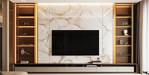 Modern TV Unit Design in Back Dark Brown Marble with Open Shelves