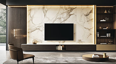 Modern TV Unit Design in Back Dark Brown Marble with Open Shelves