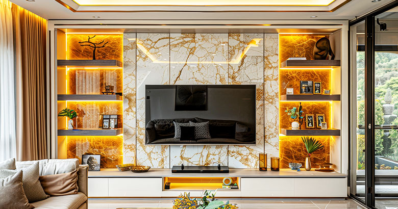 Modern TV Unit Design in Back Dark Brown Marble with Open Shelves