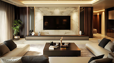 Modern TV Unit Design in Back Dark Brown Marble with Open Shelves