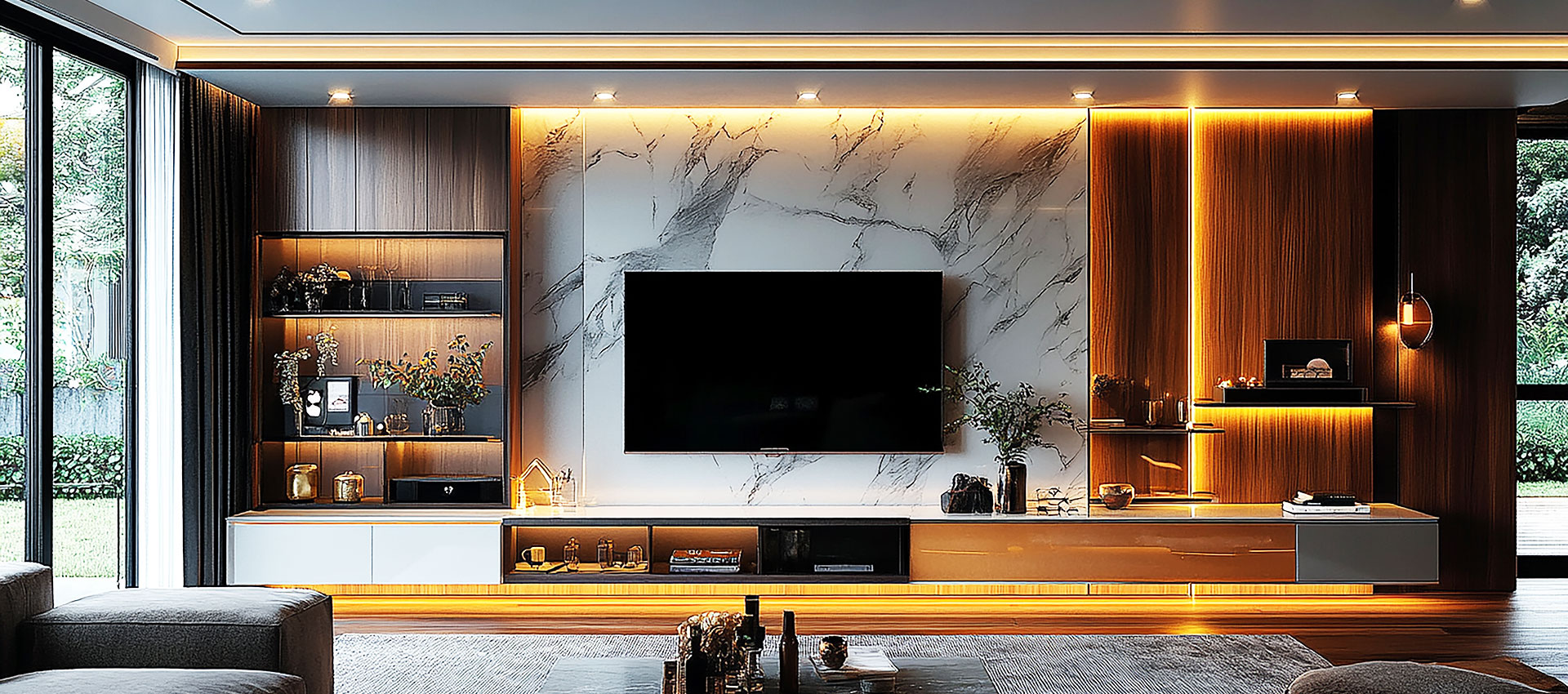 Modern TV Unit Design in Back Dark Brown Marble with Open Shelves