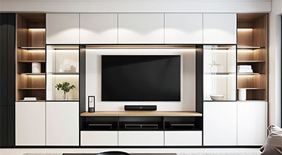 Acrylic Modern TV Unit Design With Open And Closed Storage