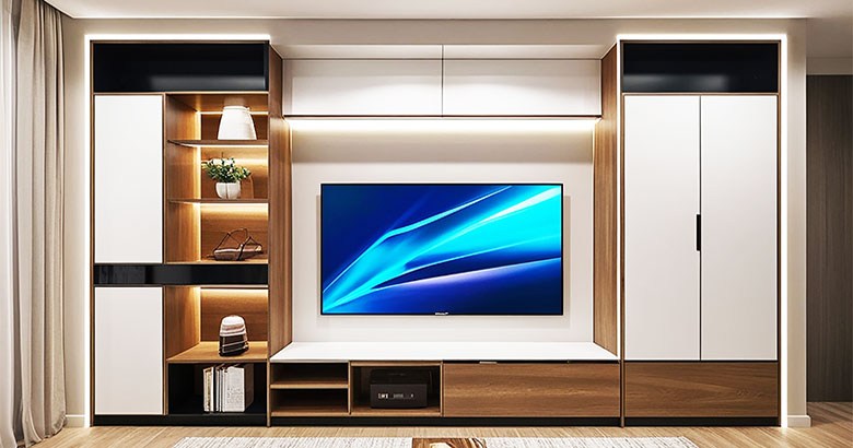 Acrylic Modern TV Unit Design With Open And Closed Storage