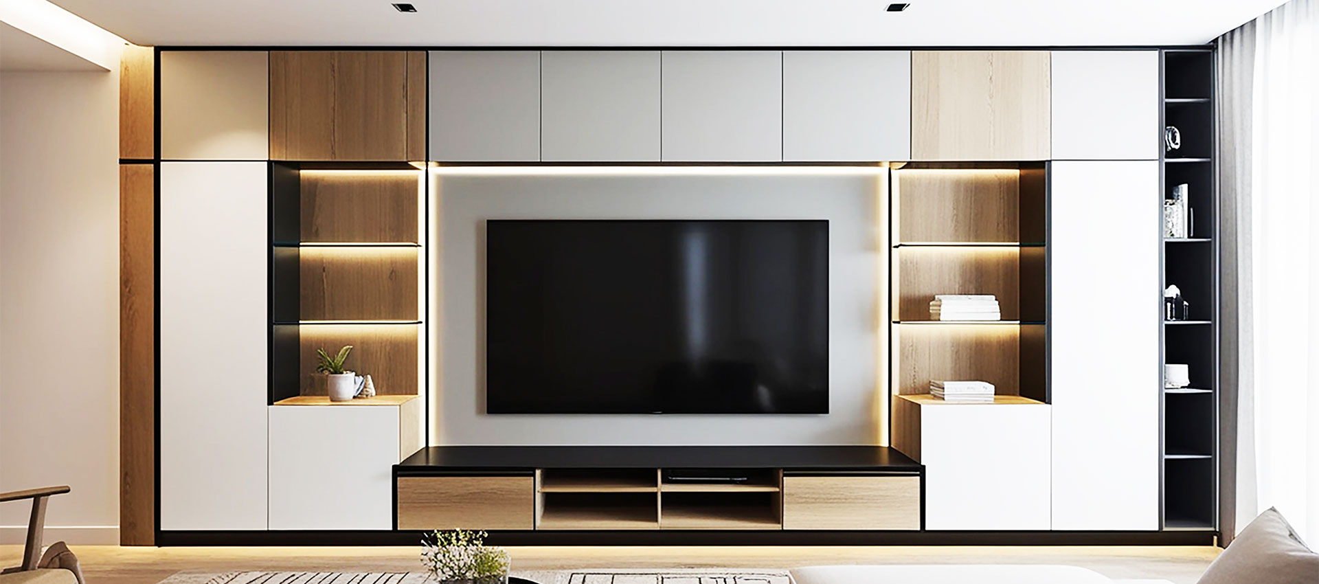 Acrylic Modern TV Unit Design With Open And Closed Storage