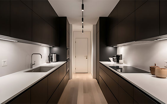 Modern Parallel Modular Kitchen Design With Smart Storage Cabinets