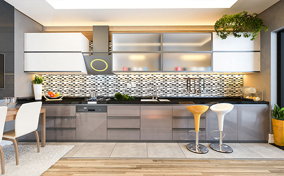 Stylish Acrylic Inline Kitchen Design With Smart Storage Cabinets