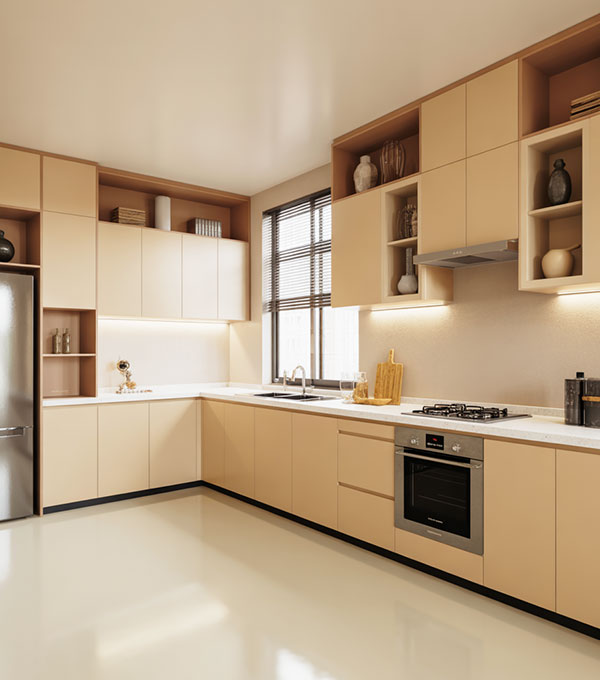 L Shape Kitchen Cabinets With Textured Veneer Surface And Modular Drawers