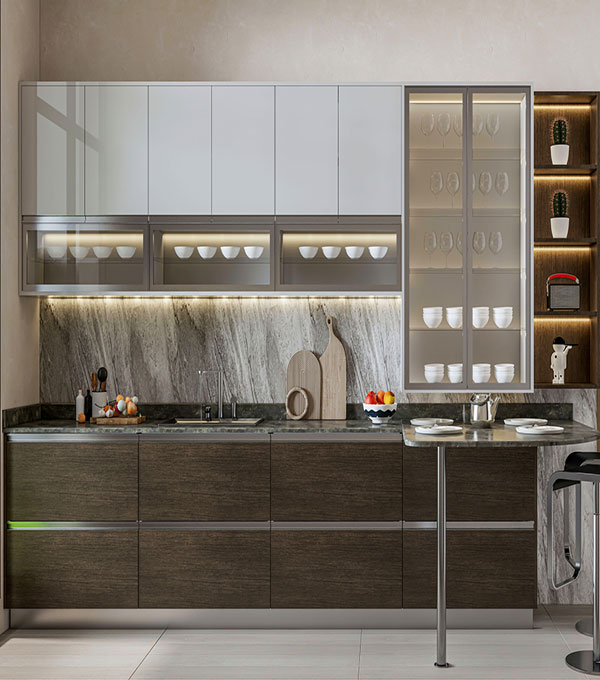 High End Acrylic Inline Modular Kitchen Cabinet Design