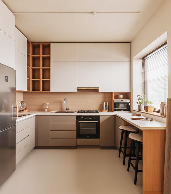 L Shaped Kitchen Interior With Pure White Grey Cabinets